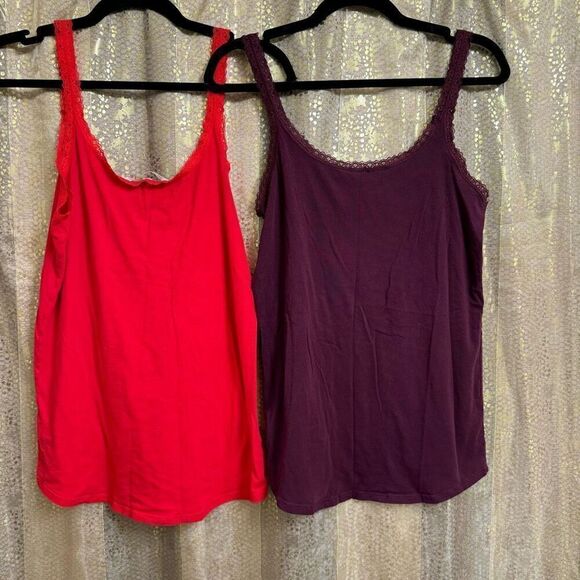 Victorias Secret Set Of 2 Lace Camisole Cotton Tank Tops Red Wine Medium - Picture 2 of 7